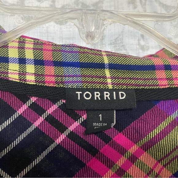 Torrid Challis Button Down Long Sleeve Plaid Cowgirl Rodeo Shirt Pink Blue 1X - Picture 5 of 6